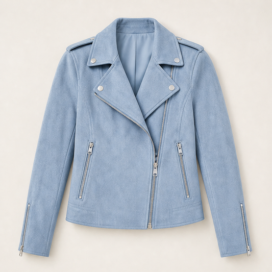 Mottley – Slim-Fit Faux Suede Moto Jacket with Metal Hardware + 50% OFF Light Blue