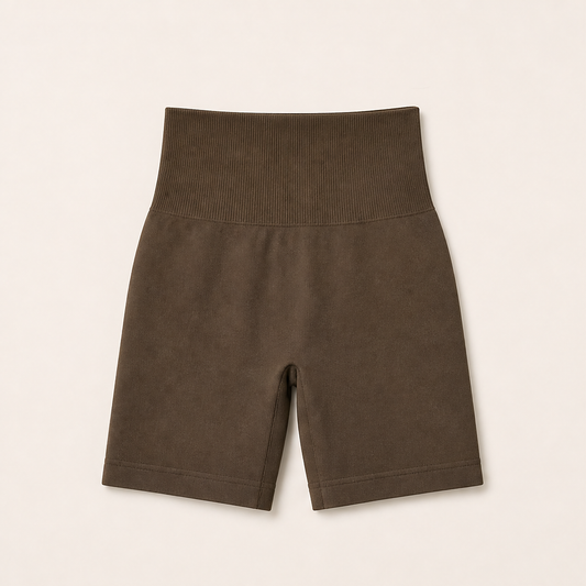 Cinchwell – High-Waist Sculpting Shorts with No-Roll Waistband + 50% OFF Brown