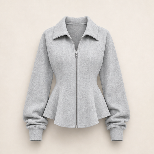 Waistelle – Corset-Seam Peplum Zip-Up Jacket with Puff Sleeves + 50% OFF Grey