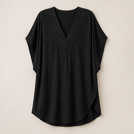 Vellora – Pleated V-Neck Batwing Sleeve Midi Dress Black