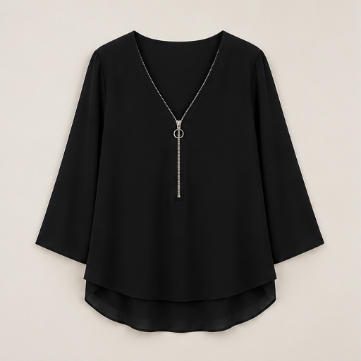 Silkaven – Double-Layer Zipper V-Neck Flowy Chiffon Top + 50% OFF Black