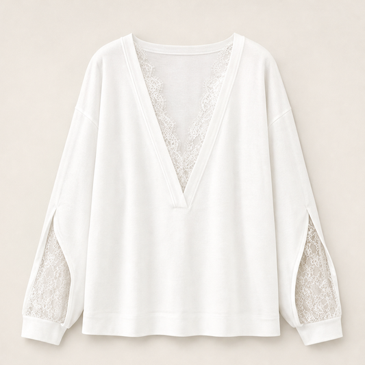 Laceloft – Deep V-Neck Lace Patchwork Loose Pullover Top + 50% OFF White