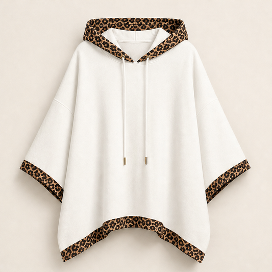 Wildmere – Leopard Trim Oversized Poncho Hoodie + 50% OFF White