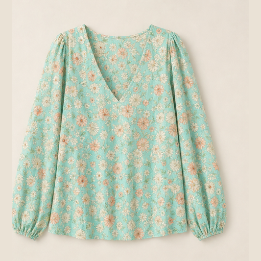 Paisleigh – V-Neck Puff Sleeve Printed Loose Top + 50% OFF Mint Floral