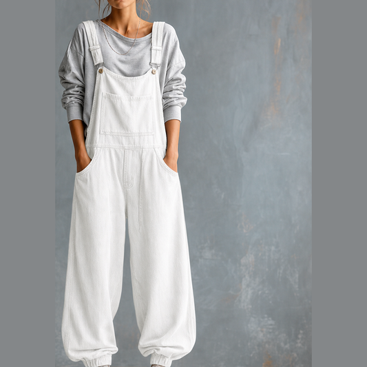 Wanderloom – Oversized Adjustable-Strap Washed Denim Overalls + 50% OFF White