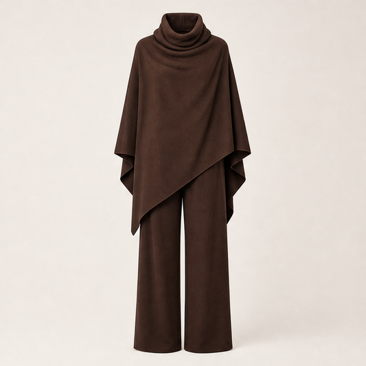 Draperie – Draped Turtleneck Cape & Wide-Leg Pants Set + 50% OFF Brown