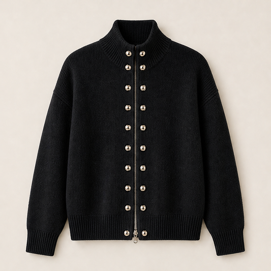 Marchelle – Standing Collar Double-Breasted Knit Cardigan + 50% OFF Black