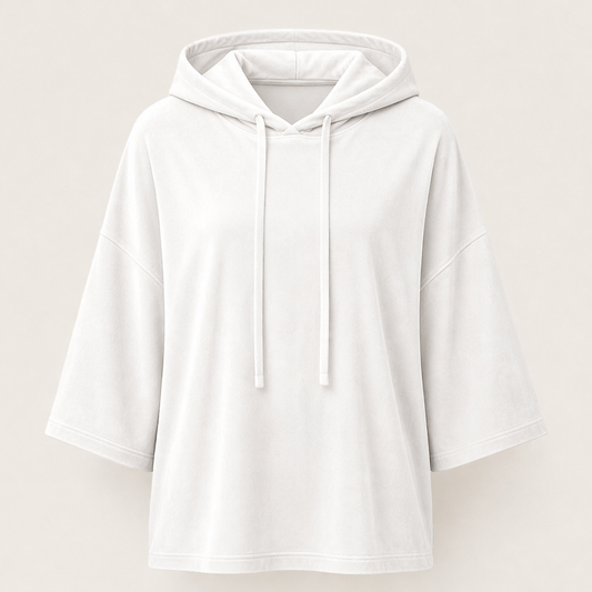 Plushwick – Oversized Velour Drawstring Hoodie with 3/4 Sleeves + 50% OFF White