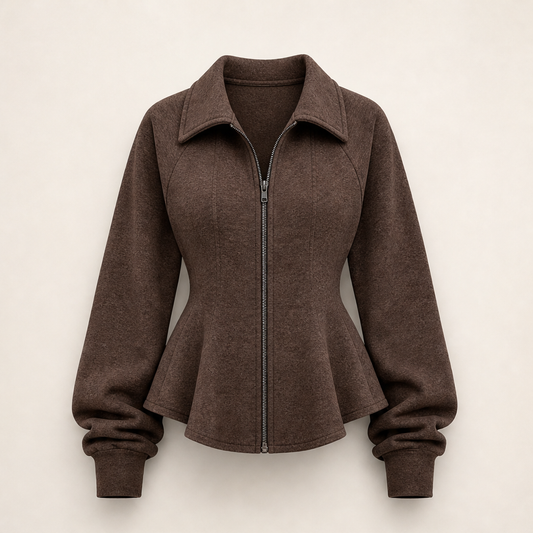 Waistelle – Corset-Seam Peplum Zip-Up Jacket with Puff Sleeves + 50% OFF Brown