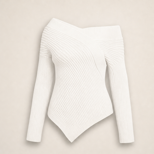 Sable & Rue – Off-Shoulder Asymmetrical Ribbed Knit Sweater + 50% OFF White