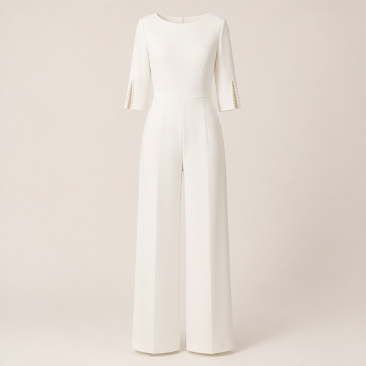 Pearlaine – Beaded Sleeve Wide-Leg Slim Jumpsuit Ivory