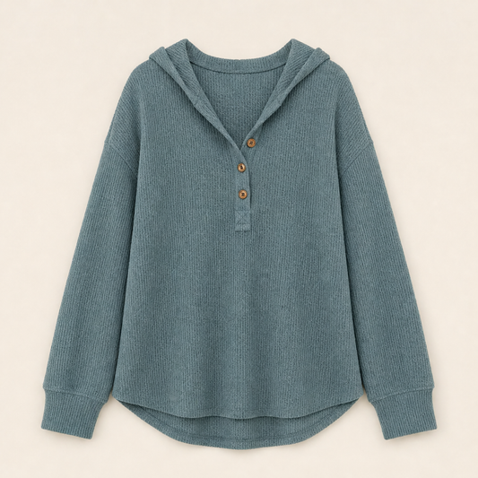 Warmholm – Waffle Knit Henley Hoodie Top + 50% OFF Teal