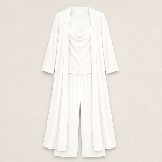 Cowlden – Draped Cowl Top, Wide-Leg Pants & Long Cardigan 3-Piece Set + 50% OFF White
