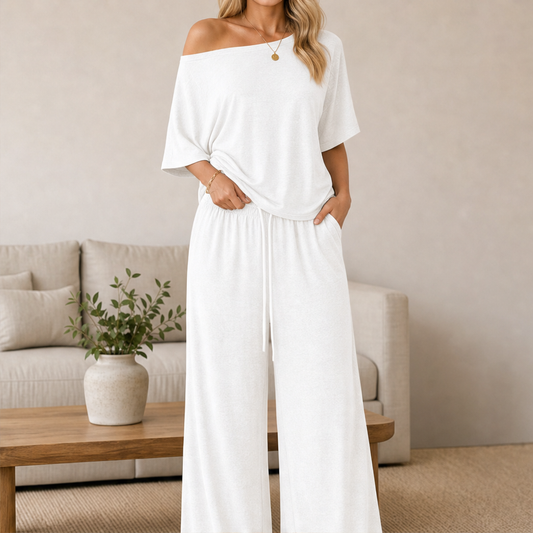 Cloudmere – Off-Shoulder Top & Wide-Leg Pants Lounge Set + 50% OFF White