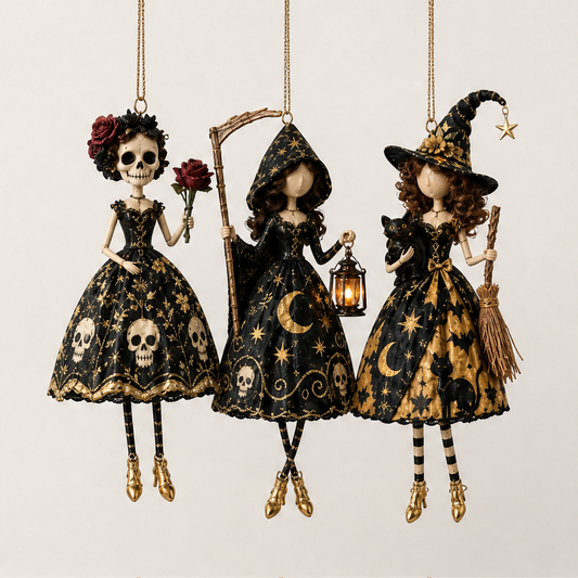 Witchwood Hollow – Hand-Painted Gothic Witch Hanging Decor, Set of 3 + 50% OFF Gold
