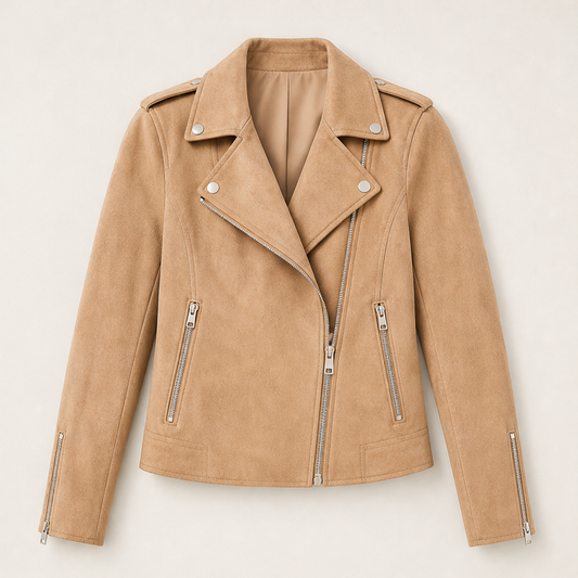 Mottley – Slim-Fit Faux Suede Moto Jacket with Metal Hardware + 50% OFF Camel