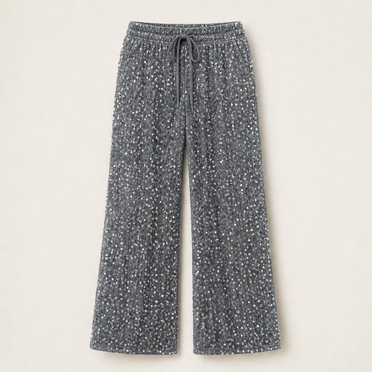 Velvara – Velvet-Backed Sequin Wide-Leg Trousers + 50% OFF Grey