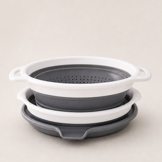FoldCrate – Collapsible 3-Piece Colander Set with Draining Base + 50% OFF Grey