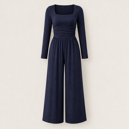 Verawide – Square-Neck Ruched-Waist Wide-Leg Jumpsuit + 50% OFF Navy