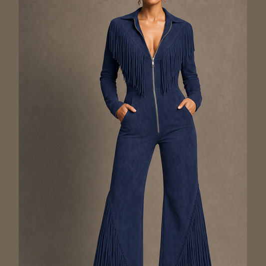 Sagebrush – Western Fringe Faux Suede Zip-Up Jumpsuit + 50% OFF Navy