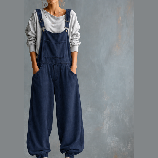 Wanderloom – Oversized Adjustable-Strap Washed Denim Overalls + 50% OFF Navy