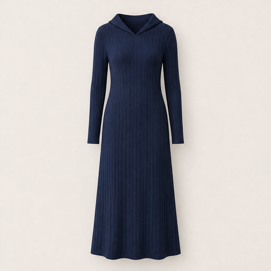 Ashwool – Ribbed-Knit Hooded Maxi Dress + 50% OFF Navy