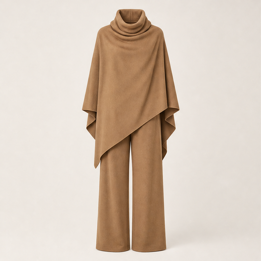 Draperie – Draped Turtleneck Cape & Wide-Leg Pants Set + 50% OFF Camel