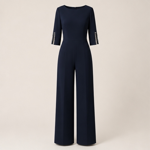 Pearlaine – Beaded Sleeve Wide-Leg Slim Jumpsuit Navy