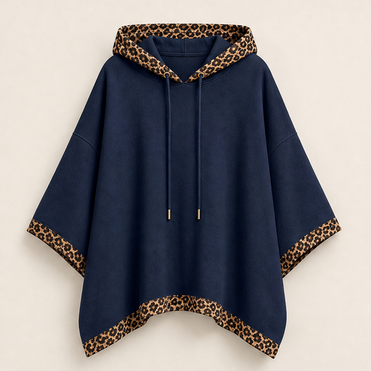 Wildmere – Leopard Trim Oversized Poncho Hoodie + 50% OFF Navy