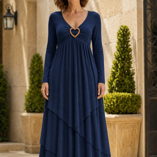 Tierwyn – Slimming A-Line Layered Maxi Dress with Heart Detail + 50% OFF Navy
