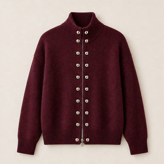 Marchelle – Standing Collar Double-Breasted Knit Cardigan + 50% OFF Burgundy