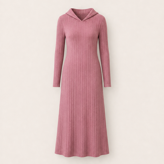 Ashwool – Ribbed-Knit Hooded Maxi Dress + 50% OFF Pink