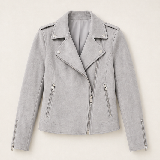 Mottley – Slim-Fit Faux Suede Moto Jacket with Metal Hardware + 50% OFF Grey