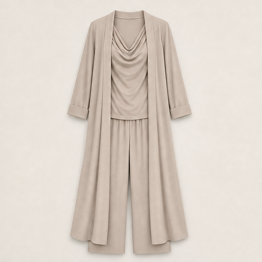 Cowlden – Draped Cowl Top, Wide-Leg Pants & Long Cardigan 3-Piece Set + 50% OFF Beige