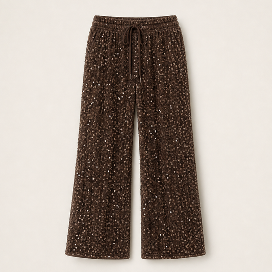 Velvara – Velvet-Backed Sequin Wide-Leg Trousers + 50% OFF Brown