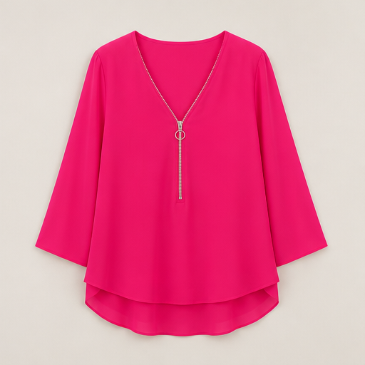 Silkaven – Double-Layer Zipper V-Neck Flowy Chiffon Top + 50% OFF Fuchsia