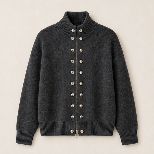 Marchelle – Standing Collar Double-Breasted Knit Cardigan + 50% OFF Charcoal Grey