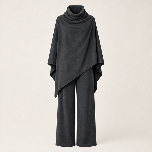 Draperie – Draped Turtleneck Cape & Wide-Leg Pants Set + 50% OFF Grey