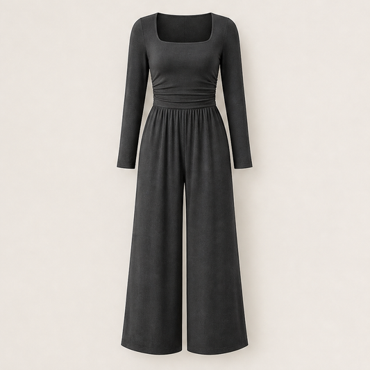 Verawide – Square-Neck Ruched-Waist Wide-Leg Jumpsuit + 50% OFF Grey