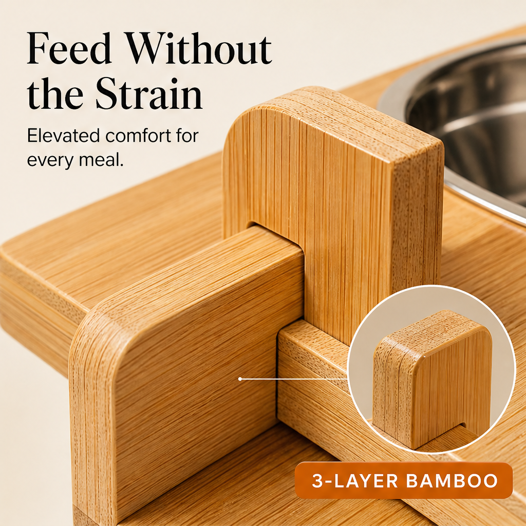 Elevora – Adjustable Height Bamboo Elevated Dog Feeder + 50% OFF features