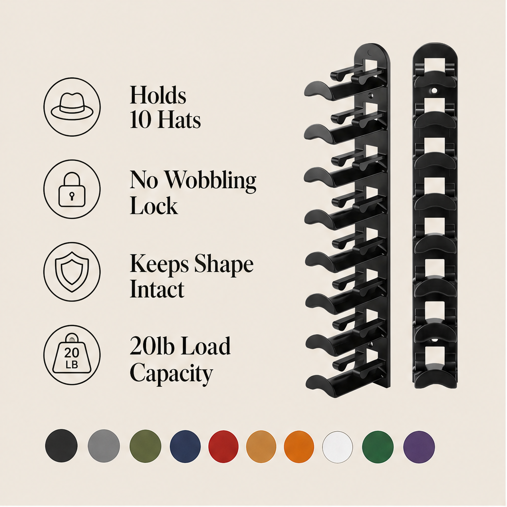 CrownHold – Space-Saving 10-Hat Wall Rack with Locking Hooks + 50% OFF features