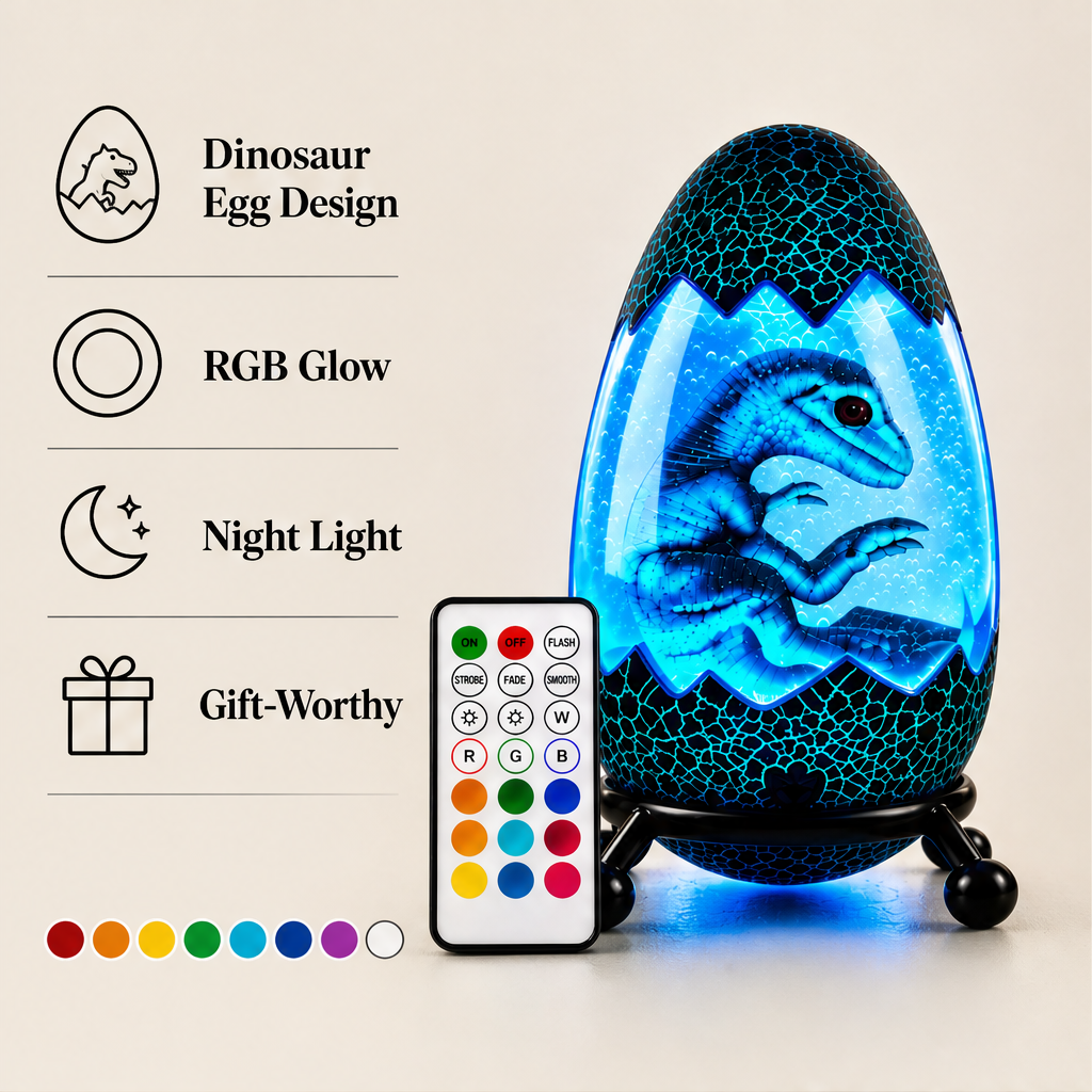 Hatchlume – Glowing Dinosaur Egg Incubator Night Light + 50% OFF features