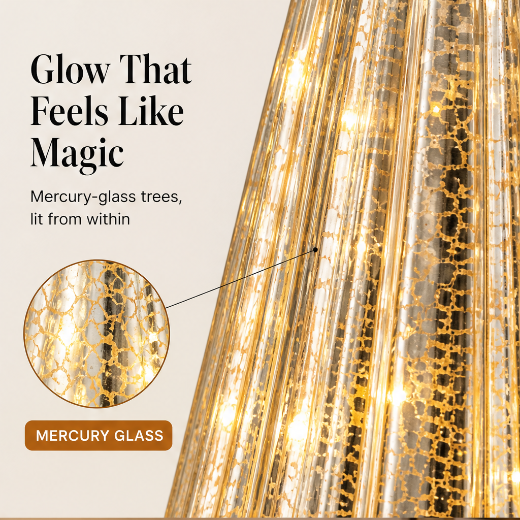 Glowmere – Mercury Glass LED Christmas Trees, Set of 5 + 50% OFF features