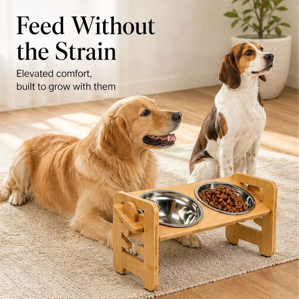 Elevora – Adjustable Height Bamboo Elevated Dog Feeder + 50% OFF features