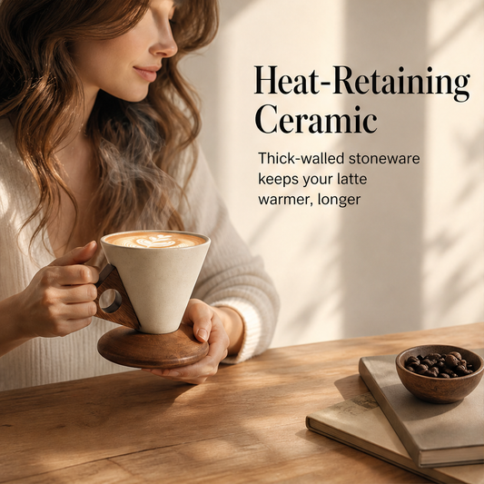Acorra – Conical Ceramic Coffee Cup with Wood Handle & Base + 50% OFF features