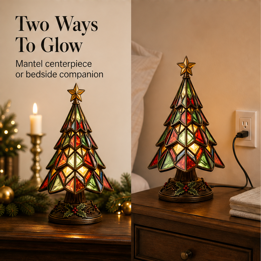 Amberglow Hollis – Stained-Glass Style Lit Christmas Tree Table Lamp + 50% OFF detail