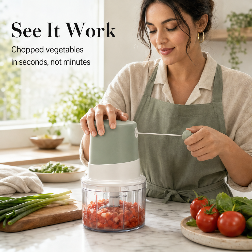MinceWell – 4-in-1 Cordless Pull-Cord Vegetable Chopper Set + 50% OFF features