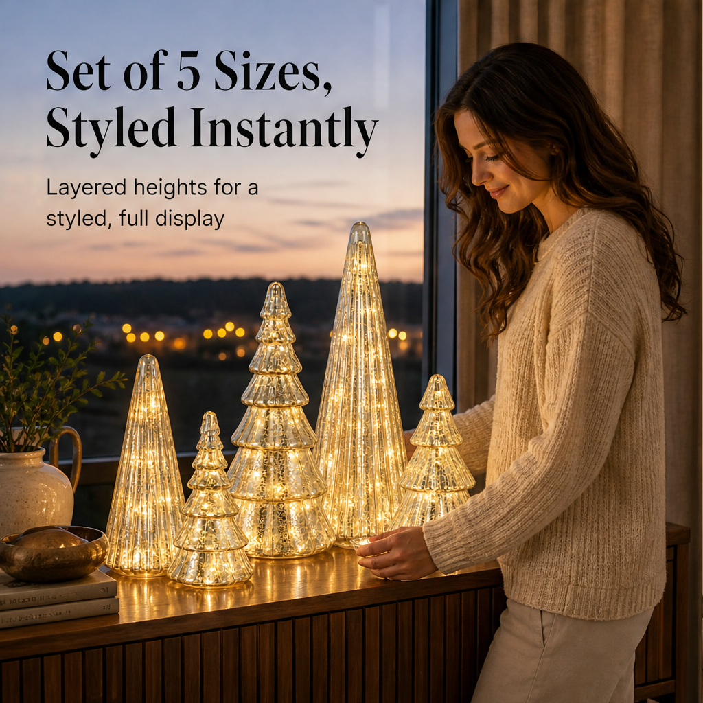 Glowmere – Mercury Glass LED Christmas Trees, Set of 5 + 50% OFF features