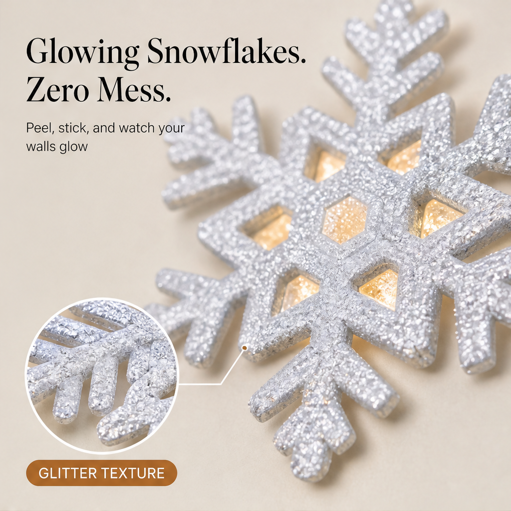Snowglint – Glowing Glitter LED Snowflake Wall Sticker + 50% OFF features