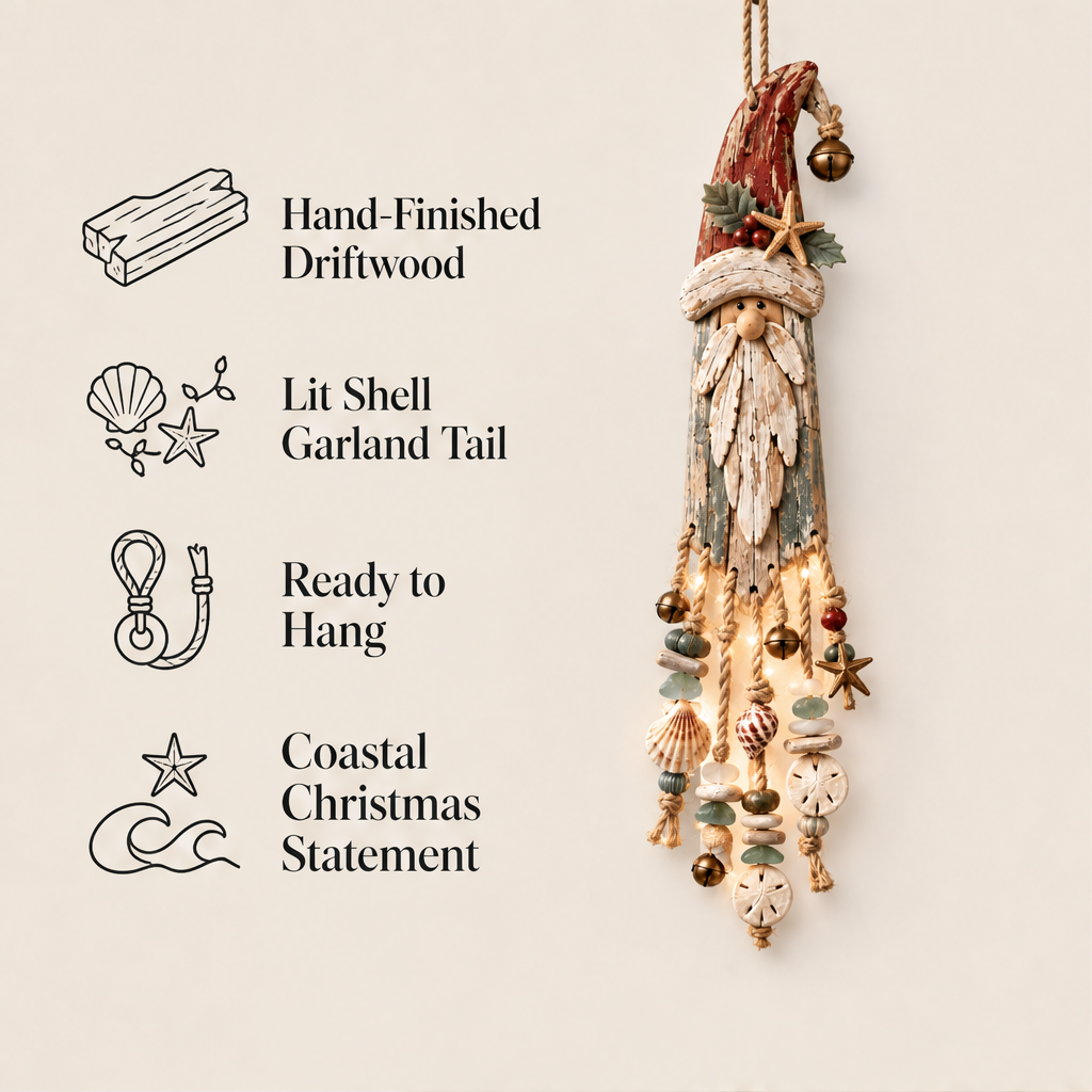 Coastwick – Lighted Driftwood Santa with Shells & Starfish Wall Decor + 50% OFF features